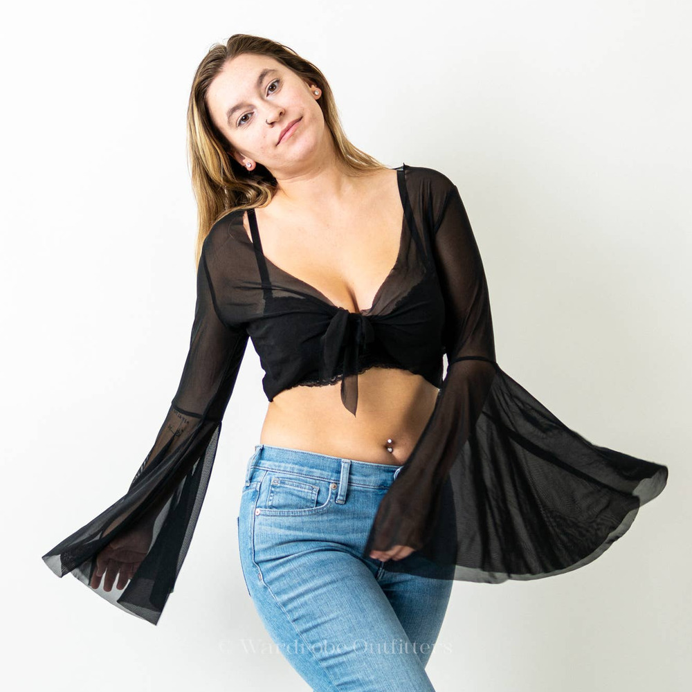 Goth Sheer Black Flounce Sleeve Wrap Top - Picture 3 of 9